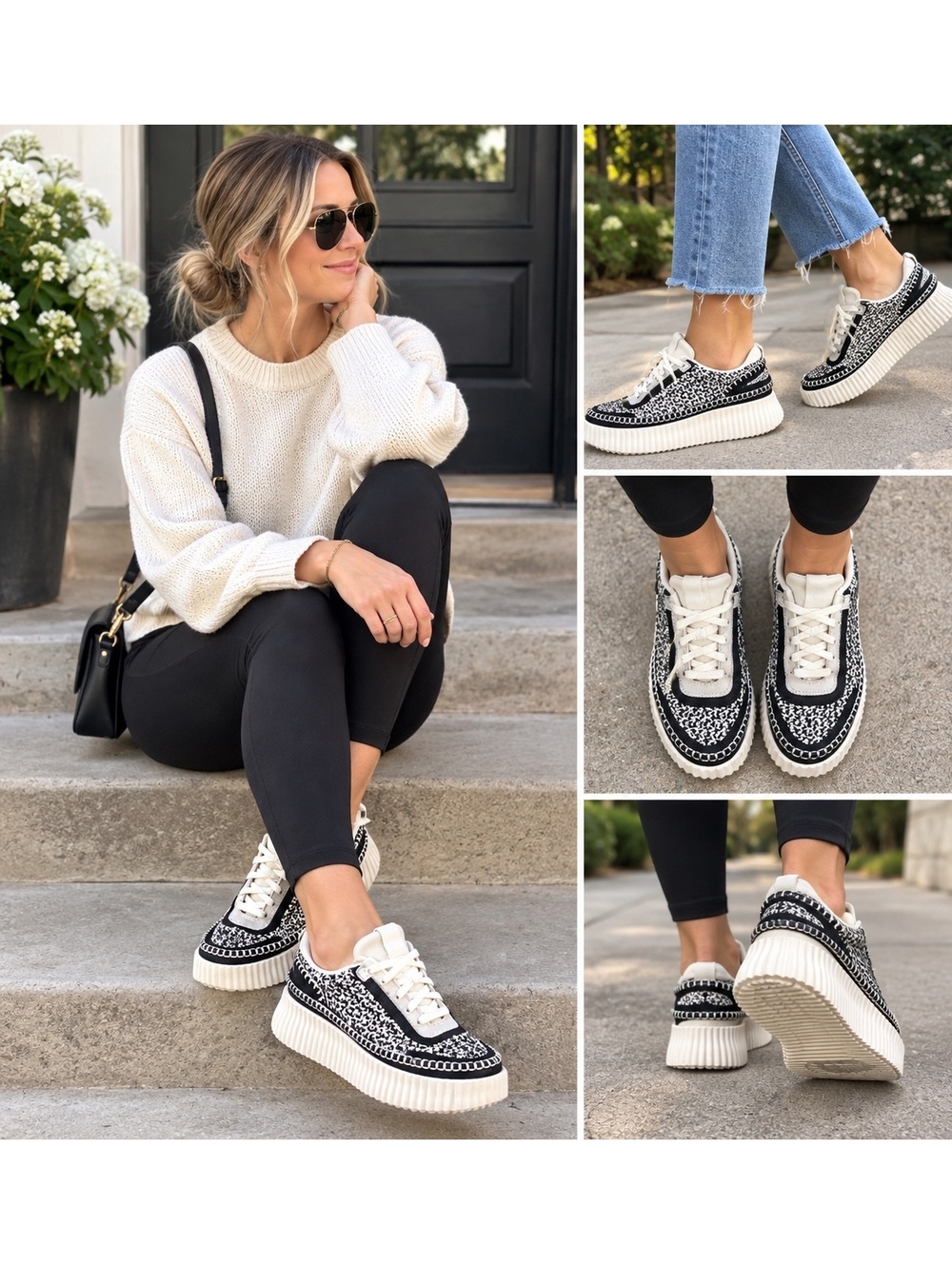 Dolce Vita Women's Dolen Sneakers Black and Cream Woven Knit Colorway Size 9